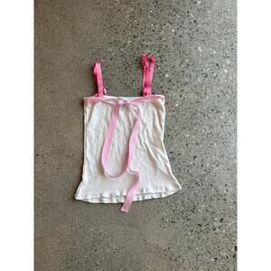 DEESH Women’s 3 Top White Pink Ribbed Cami Pink Ribbon Tie Straps Y2K Early 2000